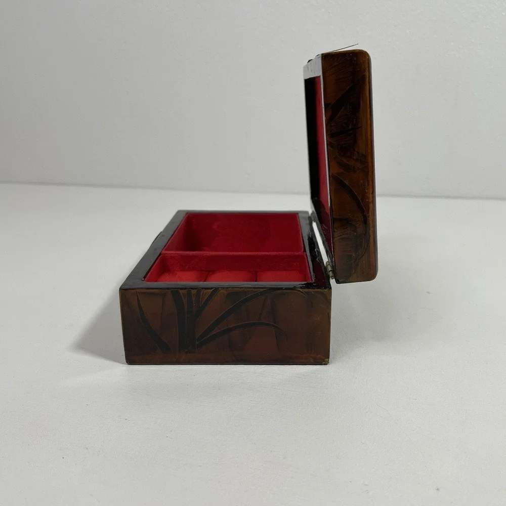 VTG Carved Crane Glazed Wooden Jewelry Trinket Box Red Lining Republic of China